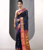 Navy blue ethnic motifs paithani silk saree with zari borders
