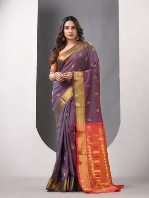 Grey dual tone ethnic motifs paithani silk saree with zari borders 1