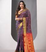 Grey dual tone ethnic motifs paithani silk saree with zari borders
