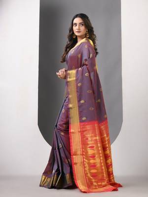 Grey dual tone ethnic motifs paithani silk saree with zari borders 2