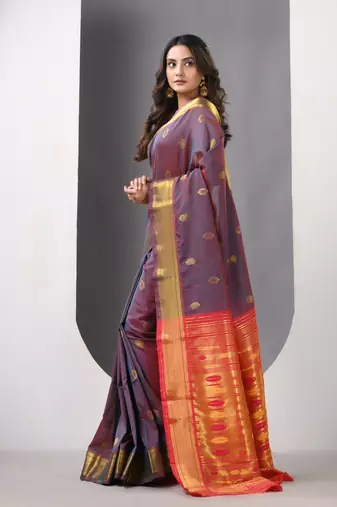Grey dual tone ethnic motifs paithani silk saree with zari borders