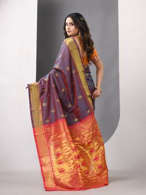 Grey dual tone ethnic motifs paithani silk saree with zari borders 3