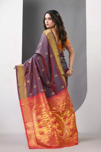 Grey dual tone ethnic motifs paithani silk saree with zari borders