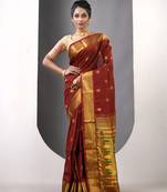 Brown ethnic motifs paithani silk saree with zari borders