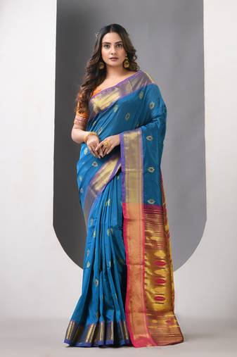 Sapphire blue ethnic motifs paithani silk saree with zari borders