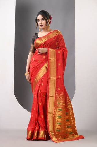 Red ethnic motifs paithani silk saree with zari borders