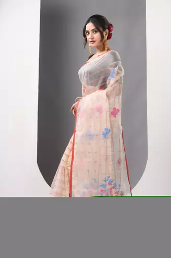 Beige muslin soft saree with jamdani designs