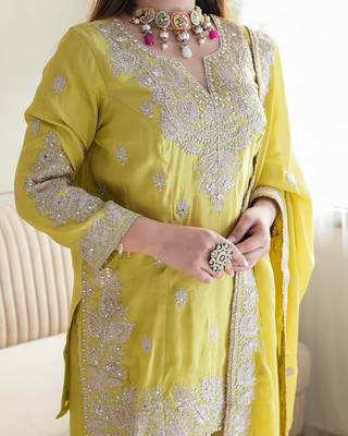 Sunshine Yellow Chinon Silk Kurta Pant Set with Embroidery and Sequin Work Stitched 2