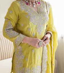 Sunshine Yellow Chinon Silk Kurta Pant Set with Embroidery and Sequin Work Stitched
