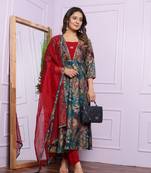 Blue Multi-colored Modal Silk Fabric With Hand Work Straight Kurt Pant And Dupatta Set