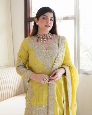 Sunshine Yellow Chinon Silk Kurta Pant Set with Embroidery and Sequin Work Stitched 3