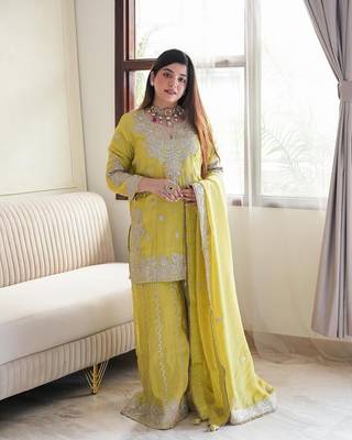 Sunshine Yellow Chinon Silk Kurta Pant Set with Embroidery and Sequin Work Stitched 4
