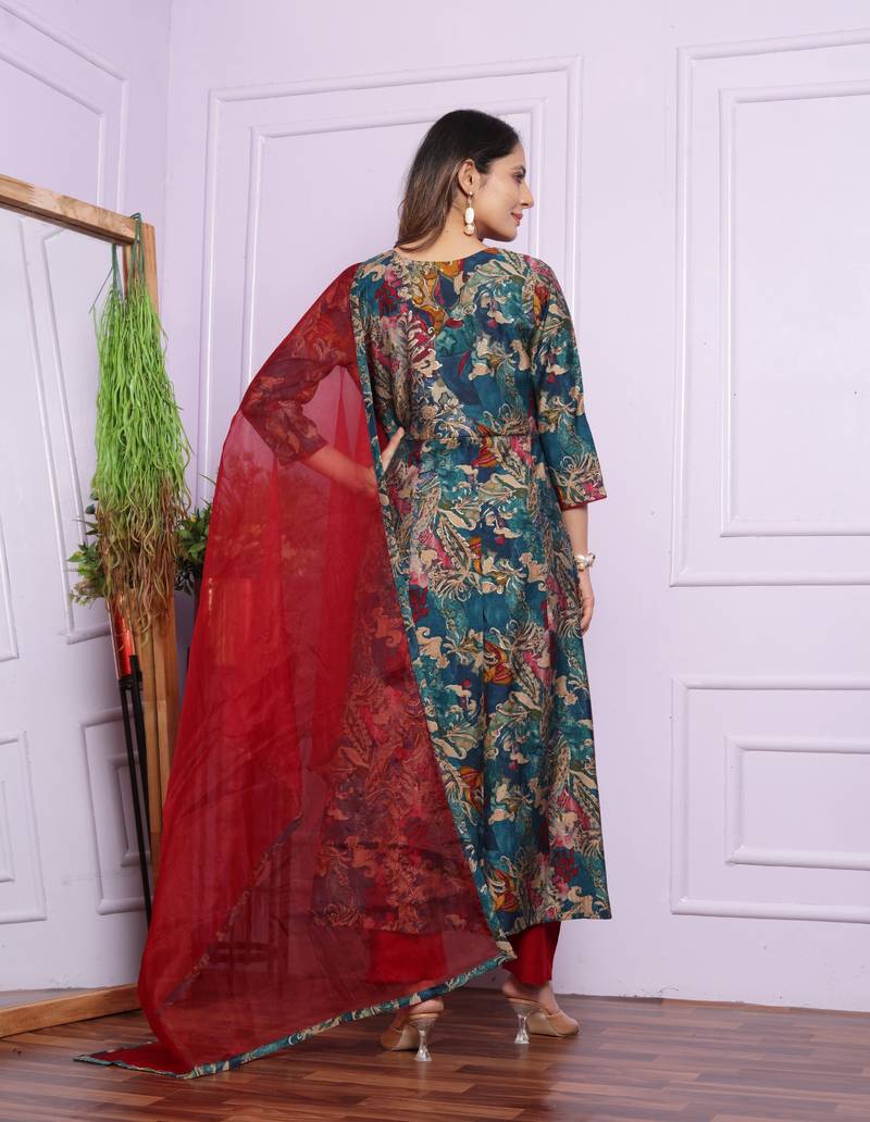 Blue Multi-colored Modal Silk Fabric With Hand Work Straight Kurt Pant And Dupatta Set