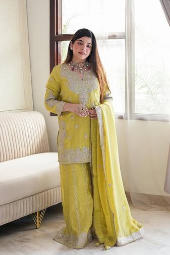 Sunshine Yellow Chinon Silk Kurta Pant Set with Embroidery and Sequin Work Stitched
