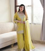 Sunshine Yellow Chinon Silk Kurta Pant Set with Embroidery and Sequin Work Stitched