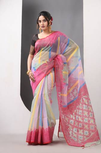 Multicolor muslin soft saree with jamdani designs