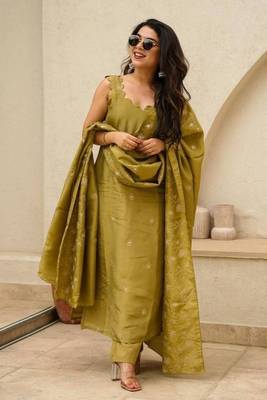 Mehendi Magic Chinon Silk Kurta Pant Set with Graceful Dupatta Stitched 1