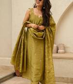 Mehendi Magic Chinon Silk Kurta Pant Set with Graceful Dupatta Stitched