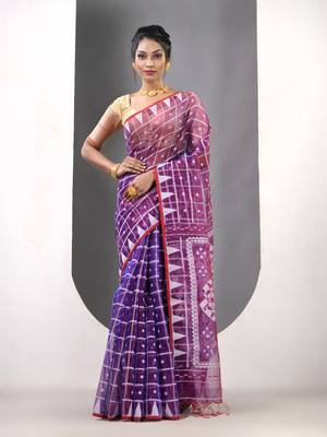 Violet muslin soft saree with jamdani designs 1