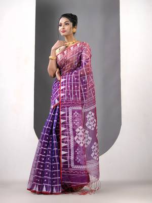 Violet muslin soft saree with jamdani designs 2
