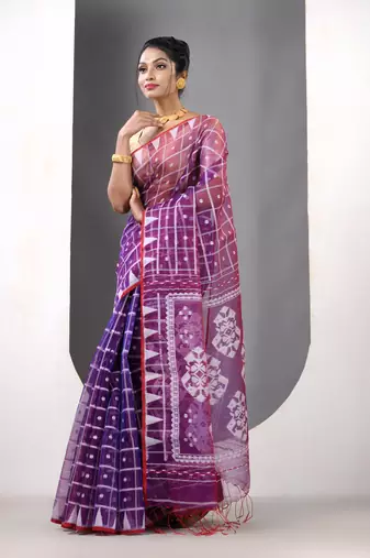 Violet muslin soft saree with jamdani designs