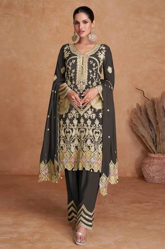 Black  heavy chinon with emroidered work & sequin work kurta, pant and dupatta set