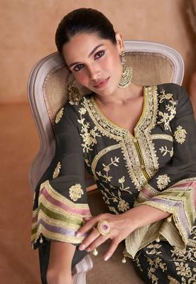 Black  heavy chinon with emroidered work & sequin work kurta, pant and dupatta set 2
