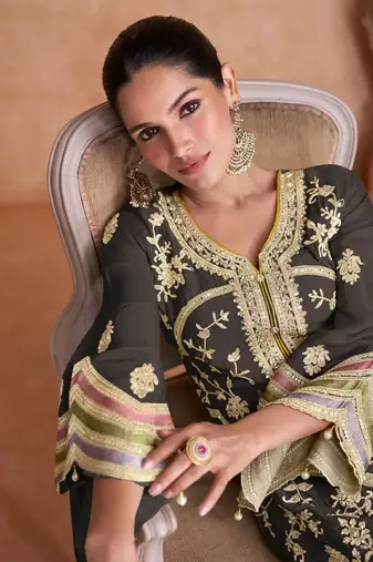 Black  heavy chinon with emroidered work & sequin work kurta, pant and dupatta set