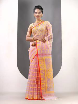 Lavender muslin soft saree with jamdani designs 1