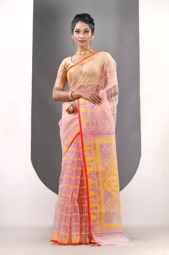 Lavender muslin soft saree with jamdani designs