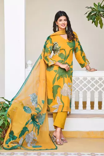 Graceful Organza Silk Straight Cut Kurta Pant Set with Dupatta Stitched