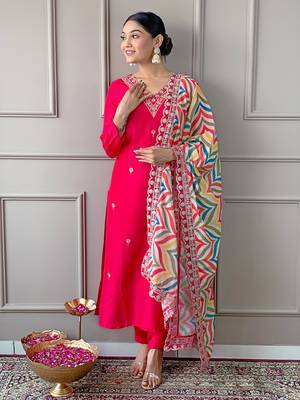 Elegant Red Embroidered Viscose Kurta Pant Set with Matching Dupatta Stitched 2