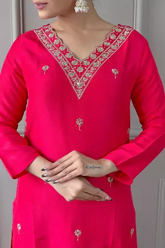 Elegant Red Embroidered Viscose Kurta Pant Set with Matching Dupatta Stitched