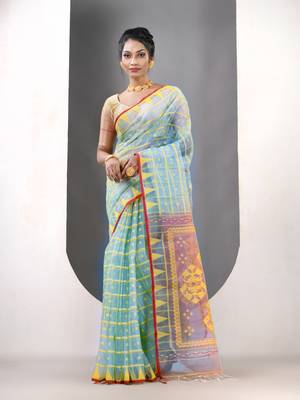 Mint green muslin soft saree with jamdani designs 1