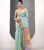 Mint green muslin soft saree with jamdani designs