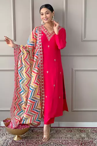 Elegant Red Embroidered Viscose Kurta Pant Set with Matching Dupatta Stitched