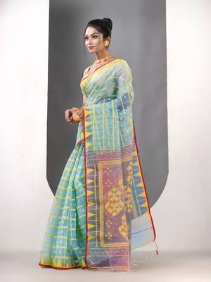 Mint green muslin soft saree with jamdani designs 2