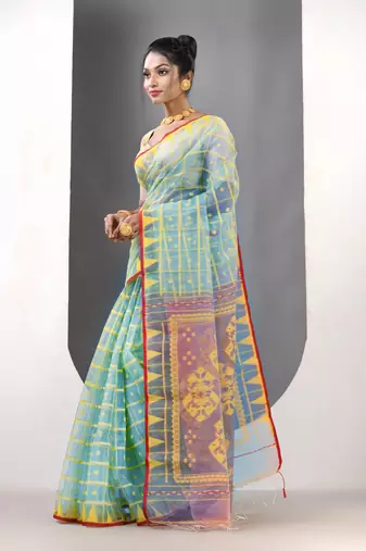 Mint green muslin soft saree with jamdani designs