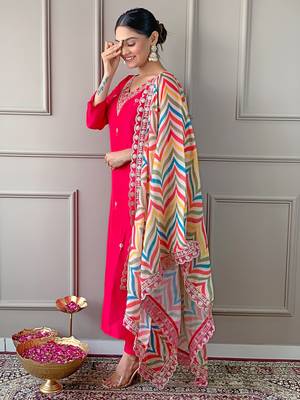 Elegant Red Embroidered Viscose Kurta Pant Set with Matching Dupatta Stitched 5