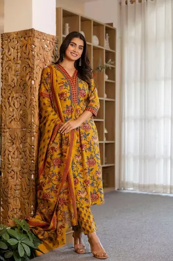 Chic Floral Rayon Kurti and Pant Set with Coordinated Dupatta Stitched