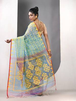 Mint green muslin soft saree with jamdani designs 3