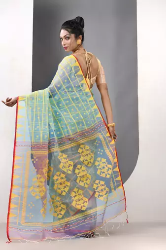 Mint green muslin soft saree with jamdani designs