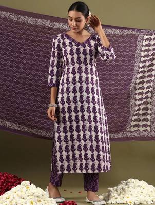 Women's floral printed knee length kurti and pant set with printed cotton dupatta 4