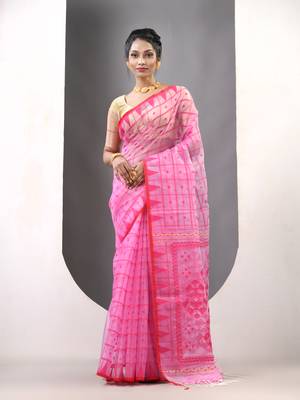 Pink muslin soft saree with jamdani designs 1