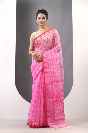 Pink muslin soft saree with jamdani designs