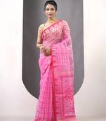 Pink muslin soft saree with jamdani designs