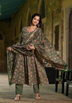 Women's Floral Printed Rayon Kurti and Pant Set with Dupatta Stitched 3