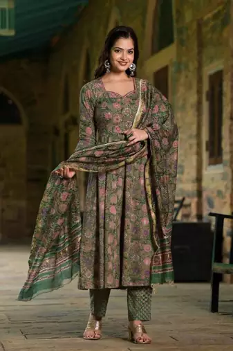 Women's Floral Printed Rayon Kurti and Pant Set with Dupatta Stitched