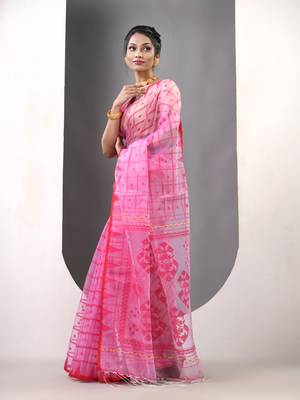 Pink muslin soft saree with jamdani designs 2