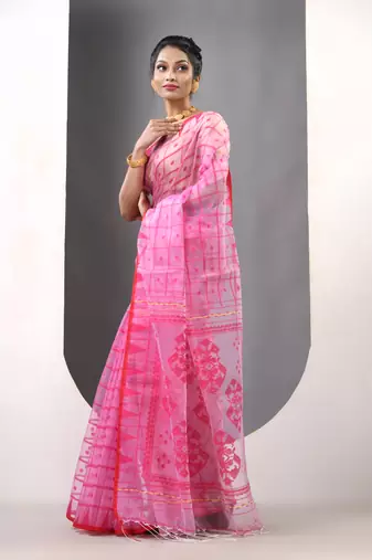 Pink muslin soft saree with jamdani designs
